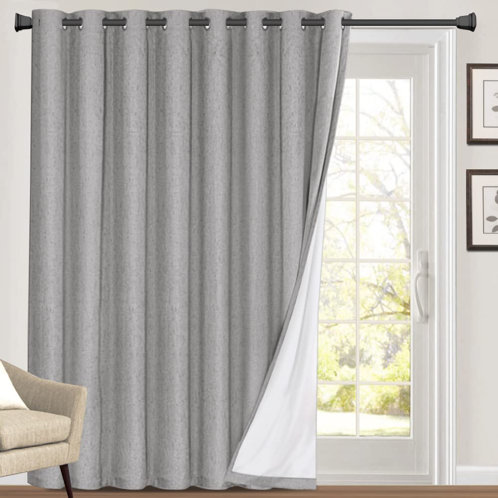 PrinceDeco 100% Blackout Linen Look Patio Door Curtain 84 Inches Long Extra Wide Thermal Insulated Grommet Curtain Drapes for Li