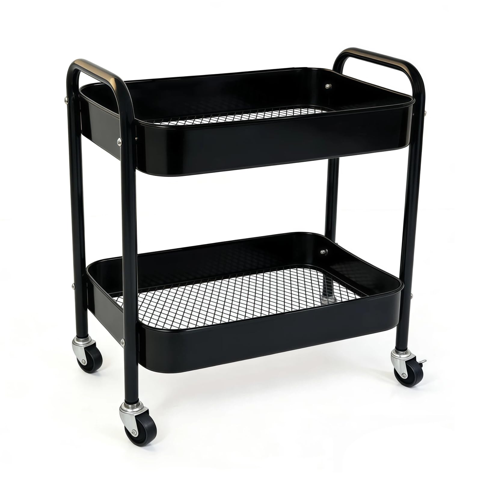 Ufriandz 2 Tier Metal Rolling Utility Cart with Wheels Under Desk Storage Cart with Handle, Roll Around Organizer Trolley for Sm