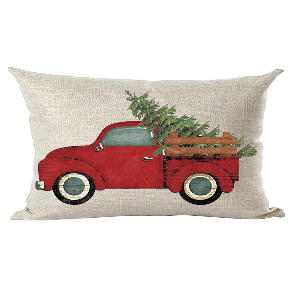 Ramirar Merry Christmas Happy New Year Retro Red Pickup Truck Pine Tree Decorative Lumbar Throw Pillow Cover Case Home Living Ro