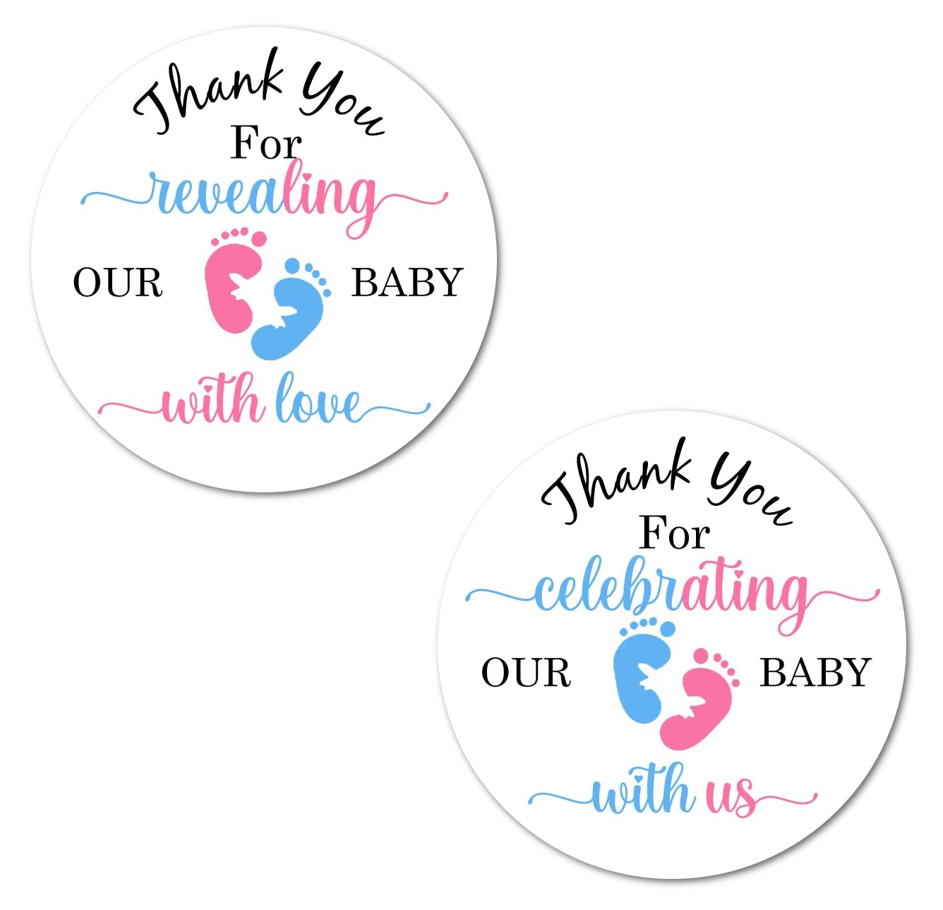 40 Thank You For Revealing Our Baby With Love Stickers, 2 Inch Big Round Glossy Labels, Pink And Blue Footprints Theme For Gende