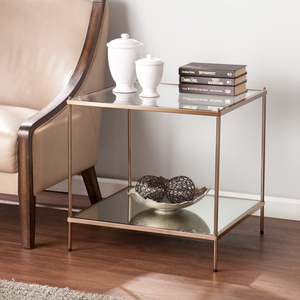 HomeRoots 22&quot; Gold Glass and Iron Square Mirrored End Table