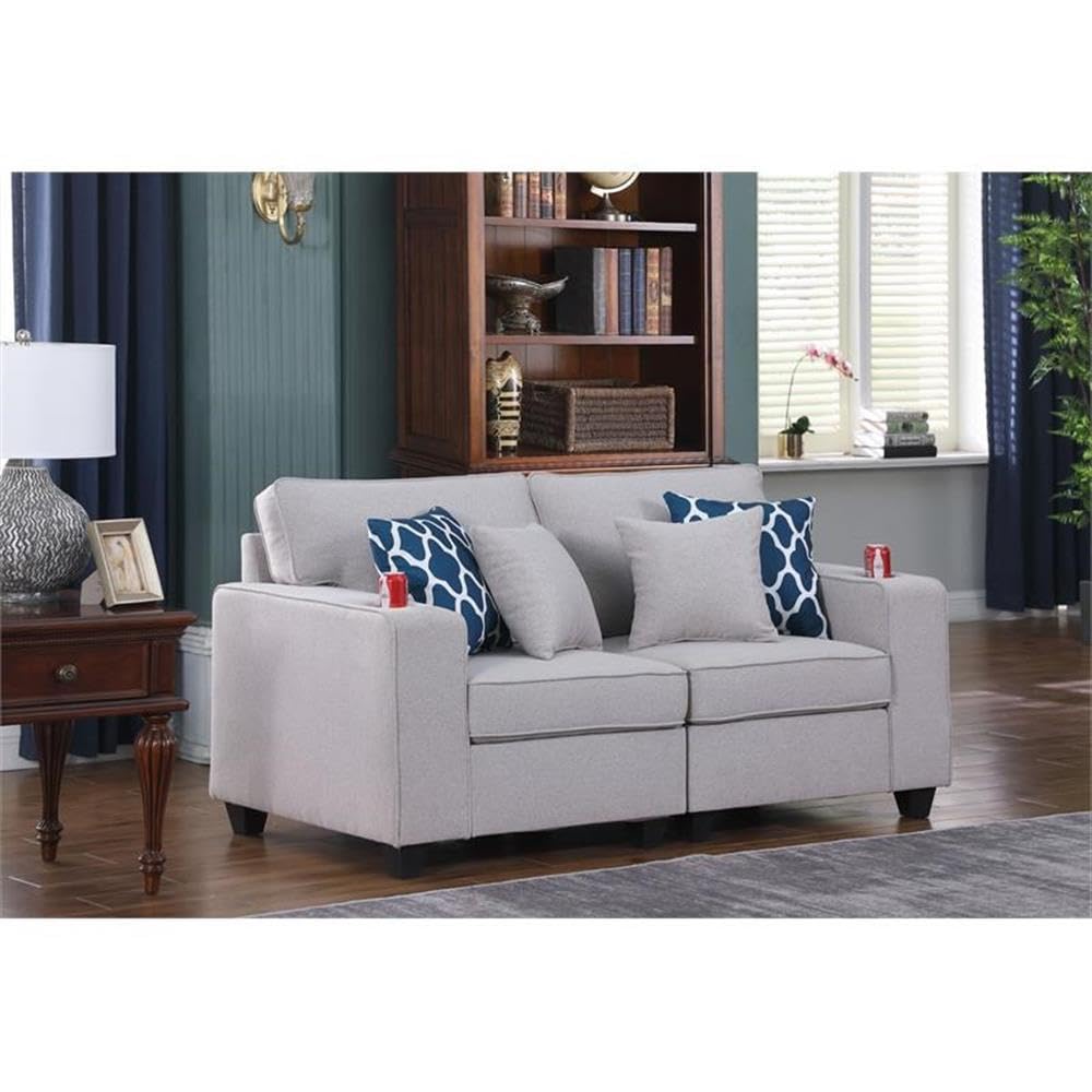 Lilola Home Cooper Light Gray Linen Loveseat with Cupholder