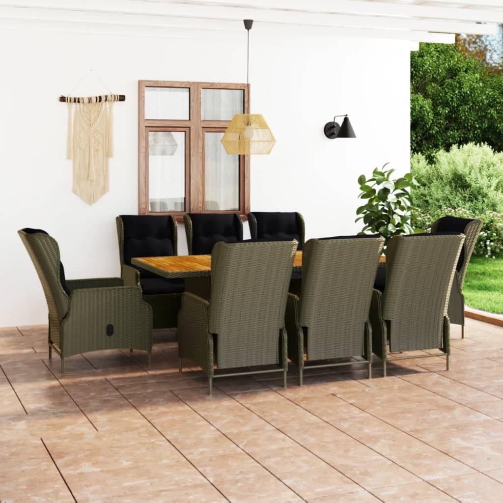 vidaXL 9-Piece Outdoor Patio Dining Set with Cushions - Brown Poly Rattan with Adjustable Backrest and Removable Cushion Covers.