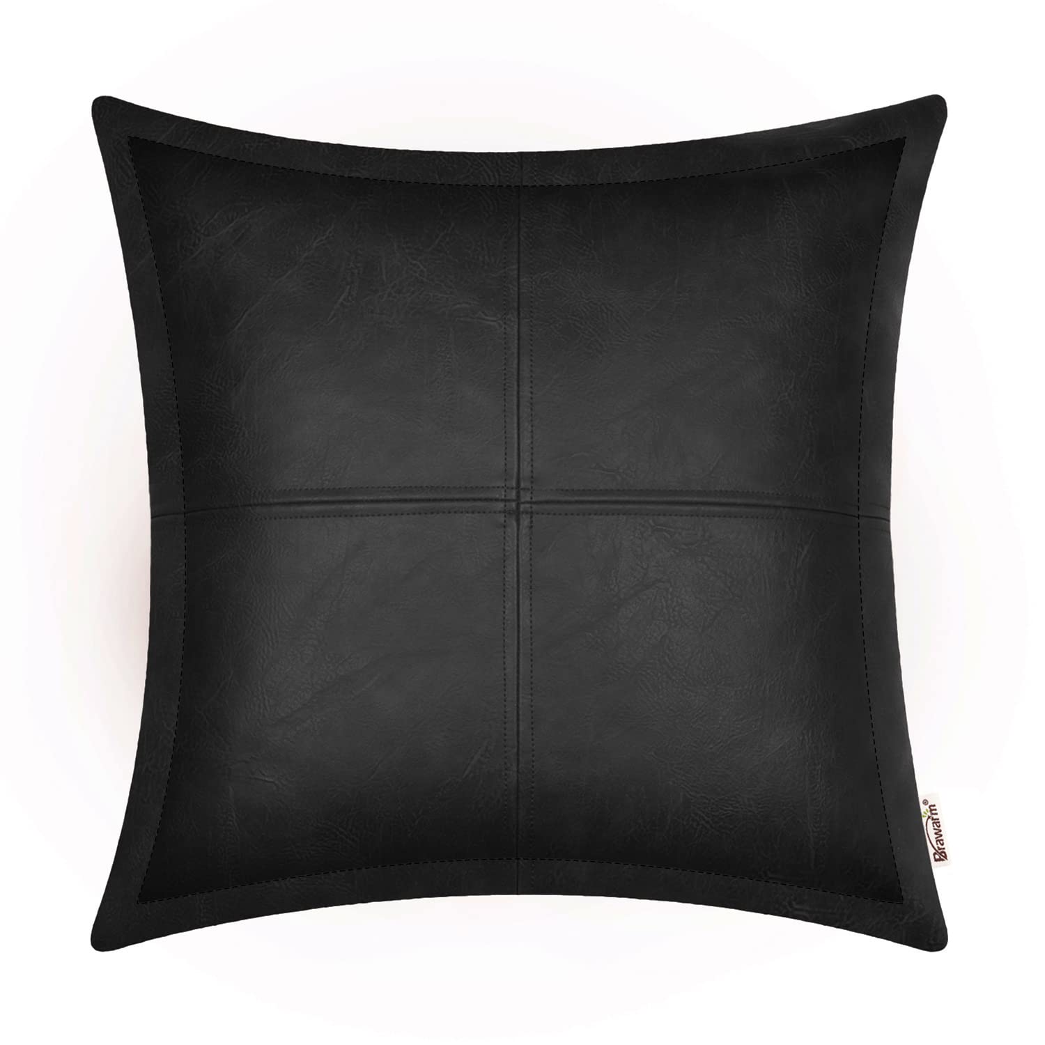 Brawarm Black Leather Throw Pillow 16 X 16 Inches, Faux Leather Pillow Cover With Piping, Hand Stitched Leather Decorative Throw