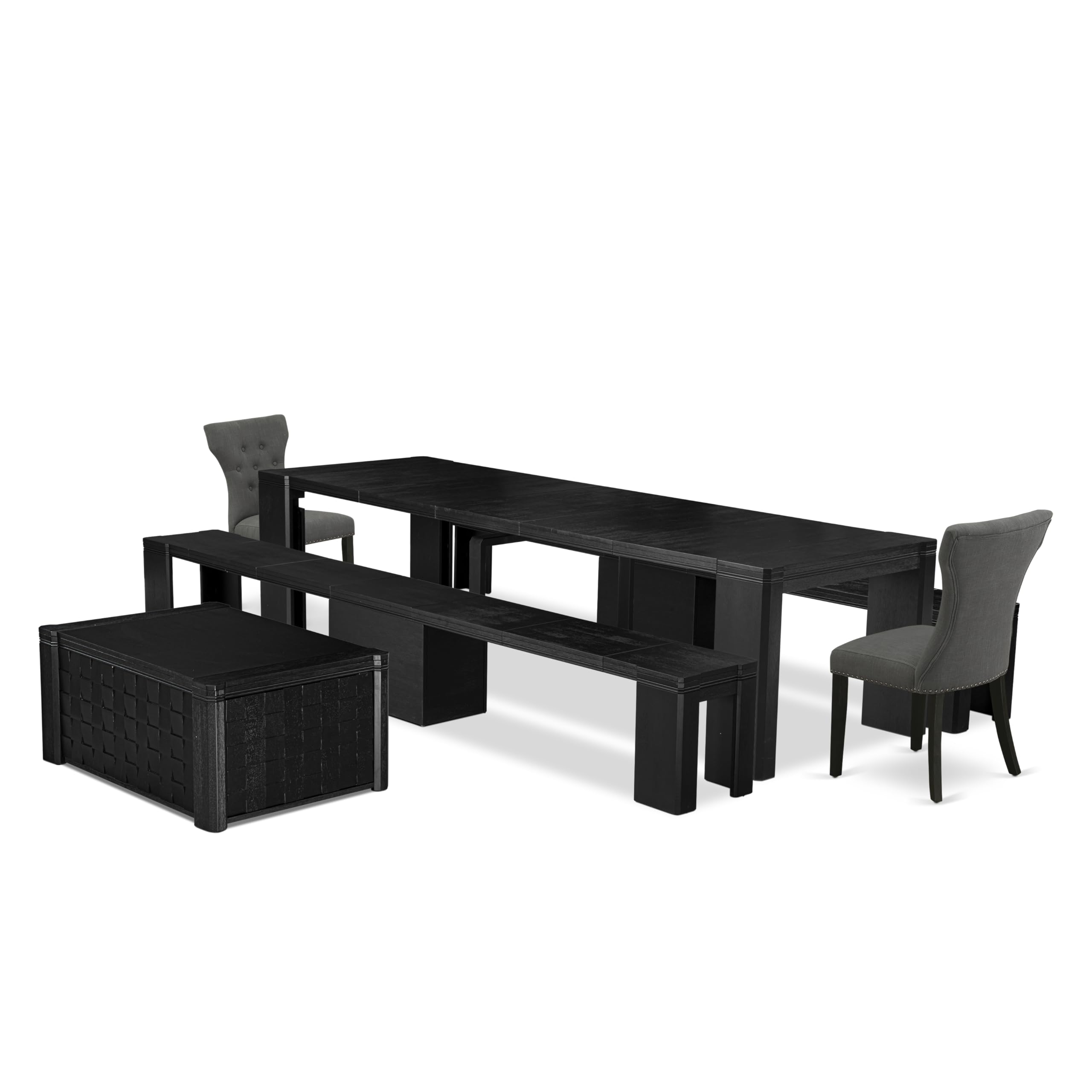 Luxe by East West Furniture - X02GA-2C6-50 - 6-pc Dining Table Set a Kitchen Table with a coffee Table 2 wooden Benches and 2 Dark Gotham Grey Fabric Dining Chair, 39x120 Inch, Wire Brushed Black