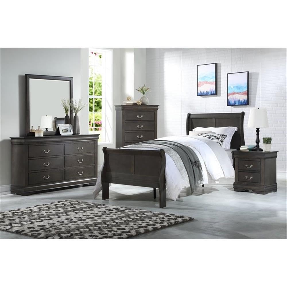 Acme Louis Philippe Wooden Twin Sleigh Bed in Dark Gray