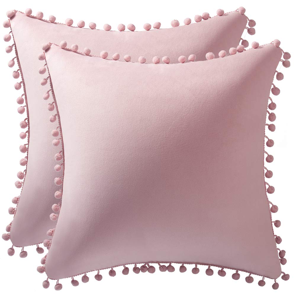 Dezene 20X20 Throw Pillow Covers Pink: 2 Pack Cozy Soft Pom-Poms Velvet Square Decorative Pillow Cases For Farmhouse Home Decor