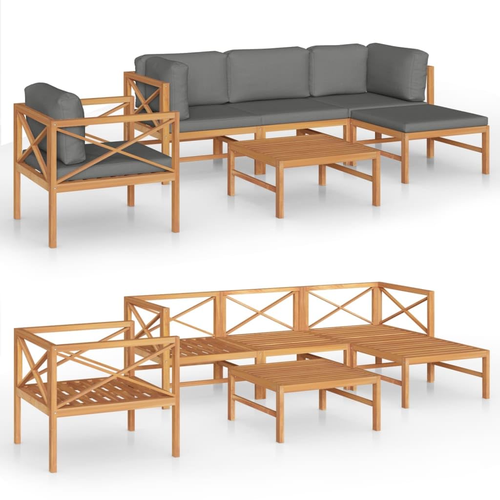 vidaXL 6-Piece Patio Lounge Set in Solid Teak Wood with Gray Cushions - Includes Corner Sofas, Middle Sofa, Chair, Table, Footrest - Weather Resistant Outdoor Furniture Ideal for Garden, Terrace, ...