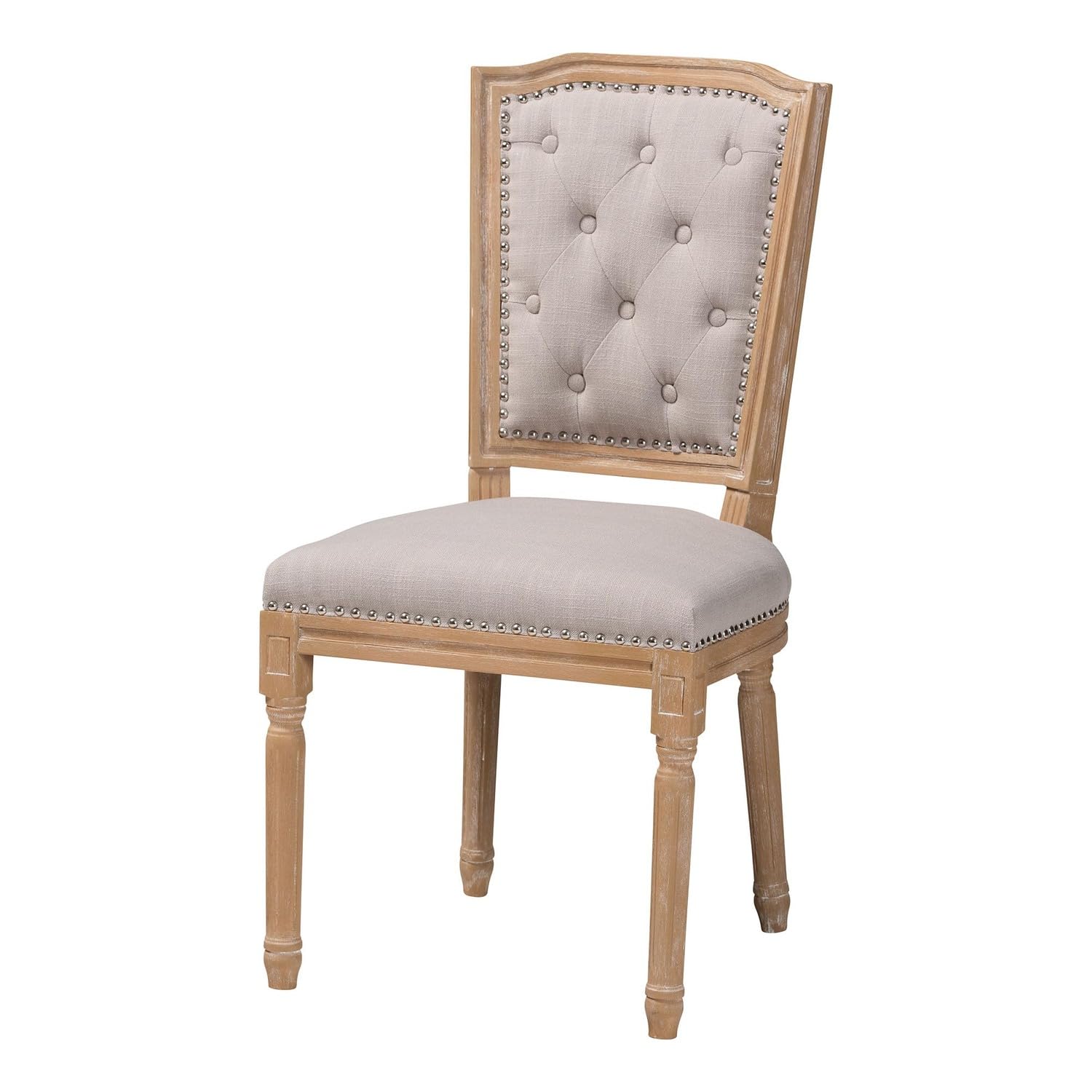 Baxton Studio Estelle Shabby Chic Rustic French Country Cottage Weathered Oak Linen Button Tufted Upholstered Dining Chair, Medium, Beige