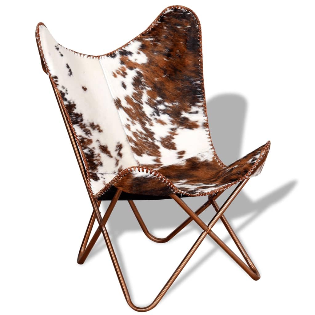 vidaXL Butterfly Chair, Lightweight Armchair with Powder-Coated Steel Frame, Comfortable Genuine Goat Leather, Versatile Utility 17.91" x 25.79" x 4.13", Brown & White