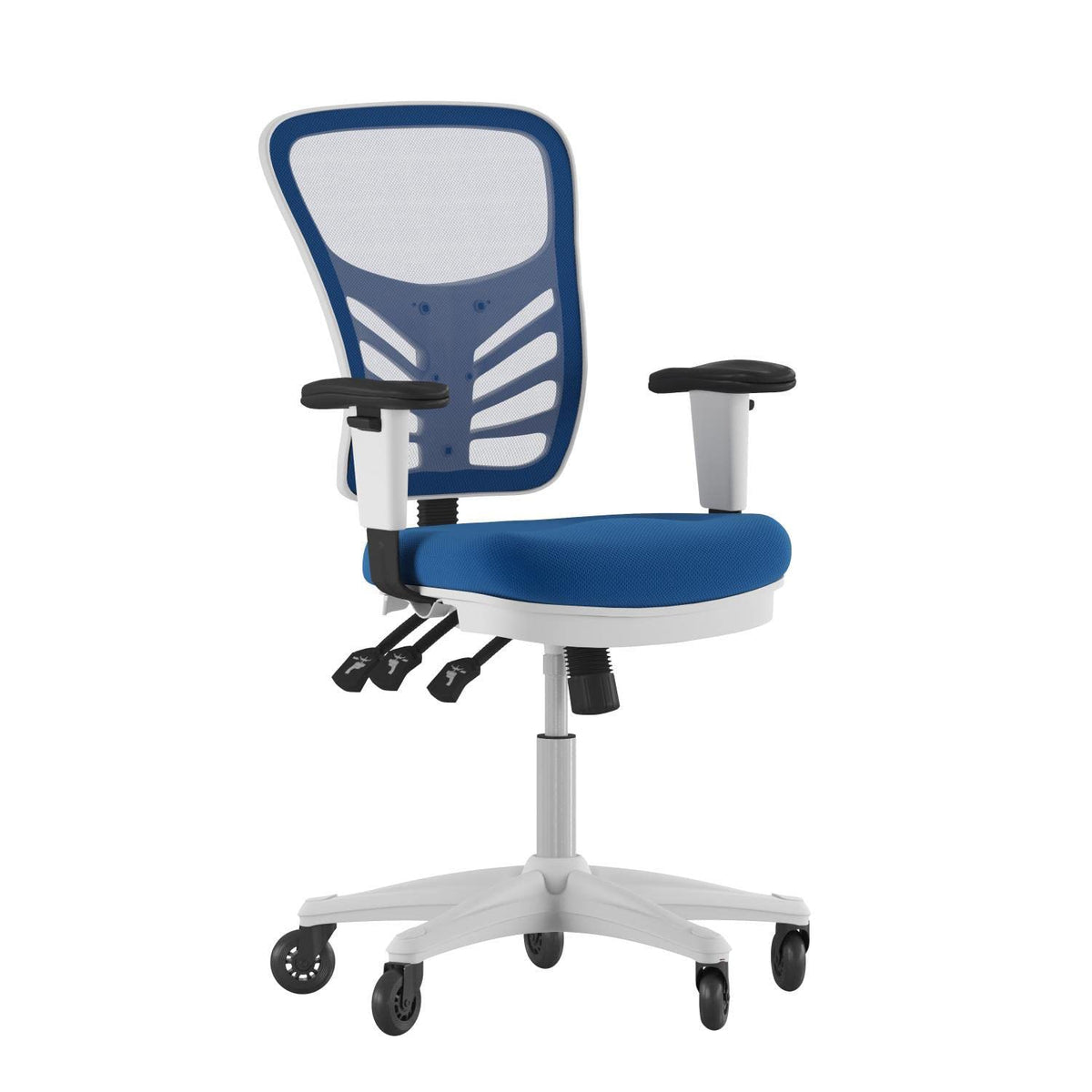 Flash Furniture Nicholas Mid-Back Multifunction Executive Swivel Ergonomic Office Chair With Adjustable Arms, Transparent Roller Wheels, And White Frame, 27&Quot;, Blue Mesh