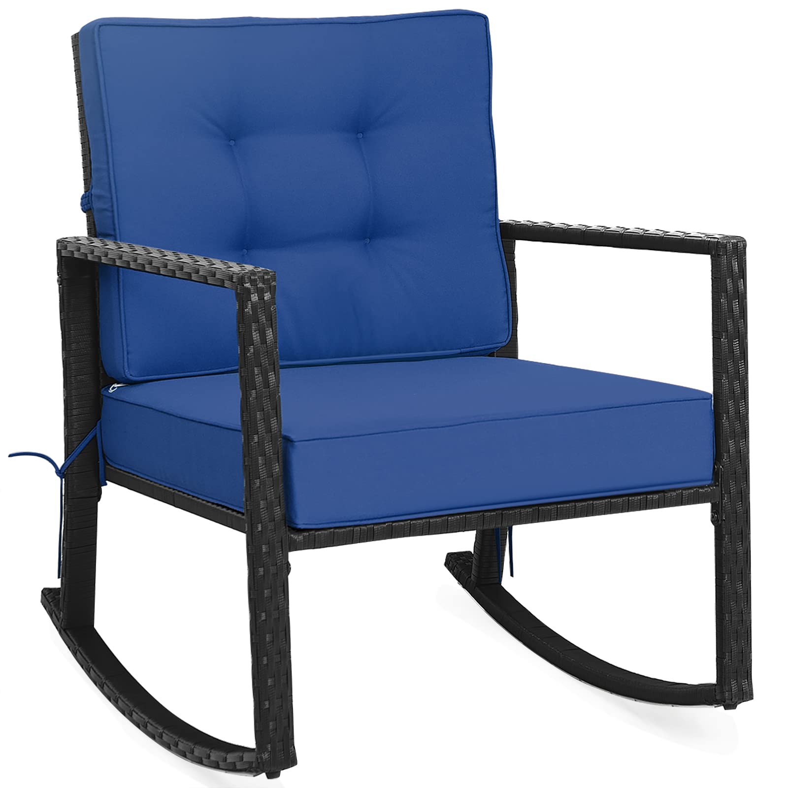 Tangkula Wicker Rocking Chair, Outdoor Glider Rattan Rocker Chair With Heavy-Duty Steel Frame, Patio Wicker Furniture Seat With 5” Thick Cushion For Garden, Porch, Backyard, Poolside (1, Blue)