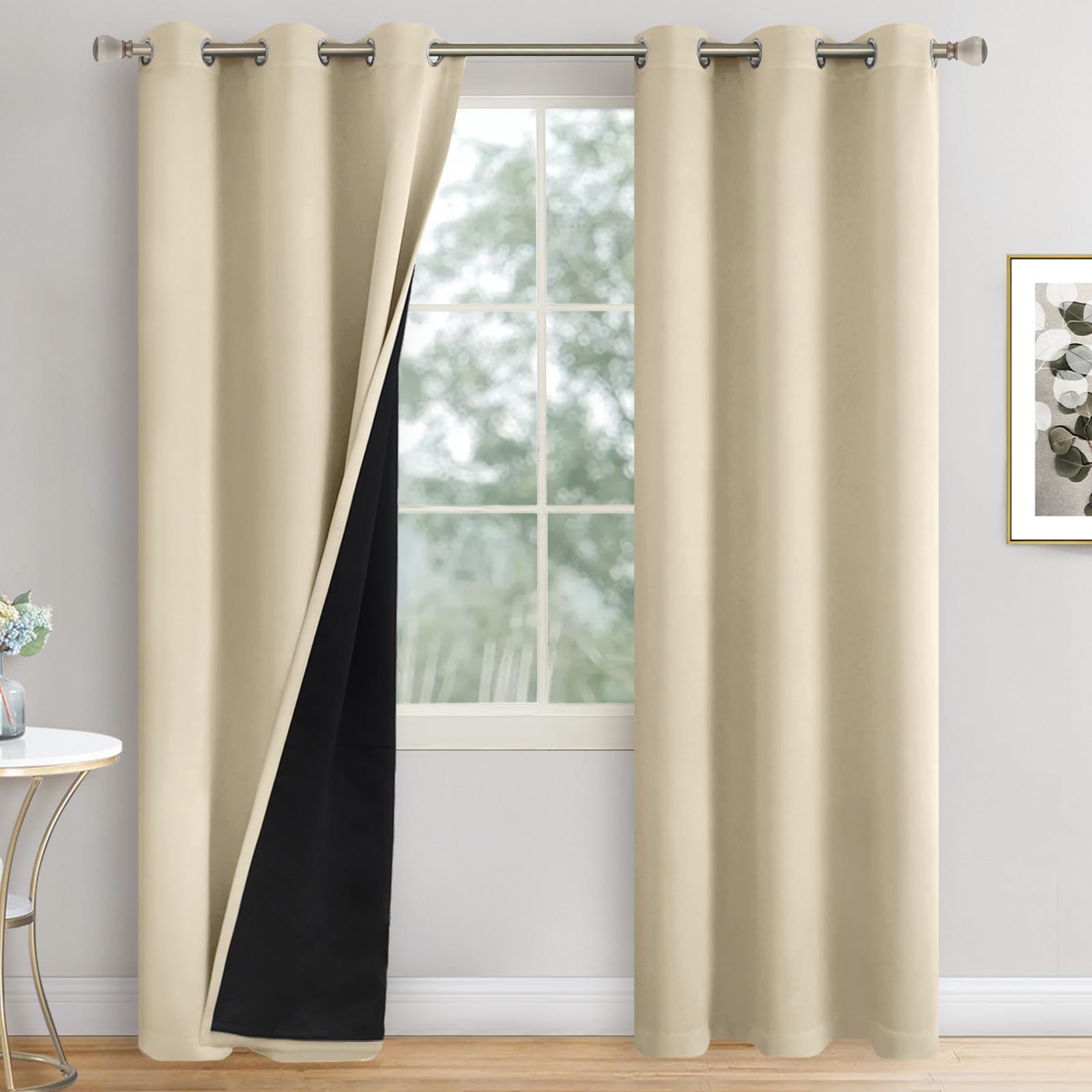 Quemas Beige Blackout Curtains 84 Inch Length 2 Panels Set For Living Room, Thermal Insulated 100% Room Darkening Light Blocking