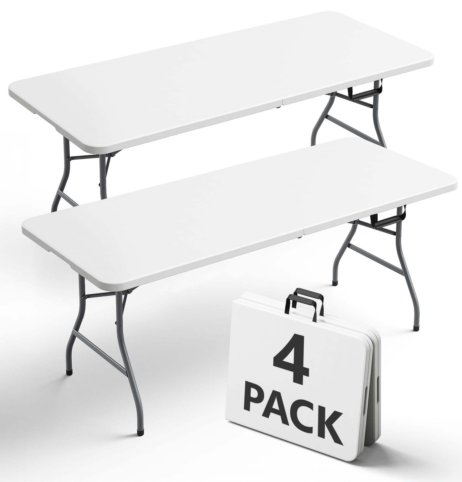 FurniEdge 6FT Folding Table 4 Pack, Heavy Duty Plastic Table with Handel, 400lbs Portable Table, Reinforced Steel Legs, Fold-in-