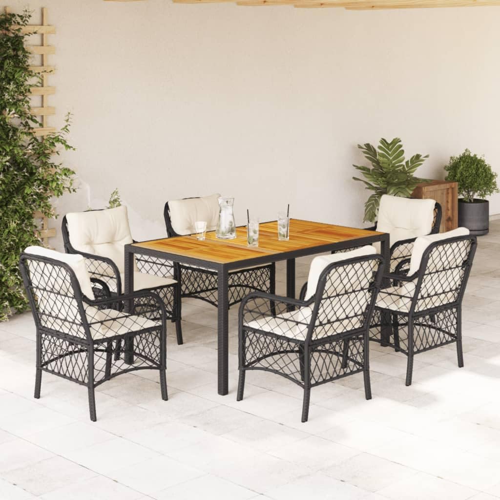 vidaXL 5-Piece Patio Dining Set - PE Rattan Garden Furniture with Cushions, Black & Cream, Acacia Wood Tabletop, Weather-Resistant