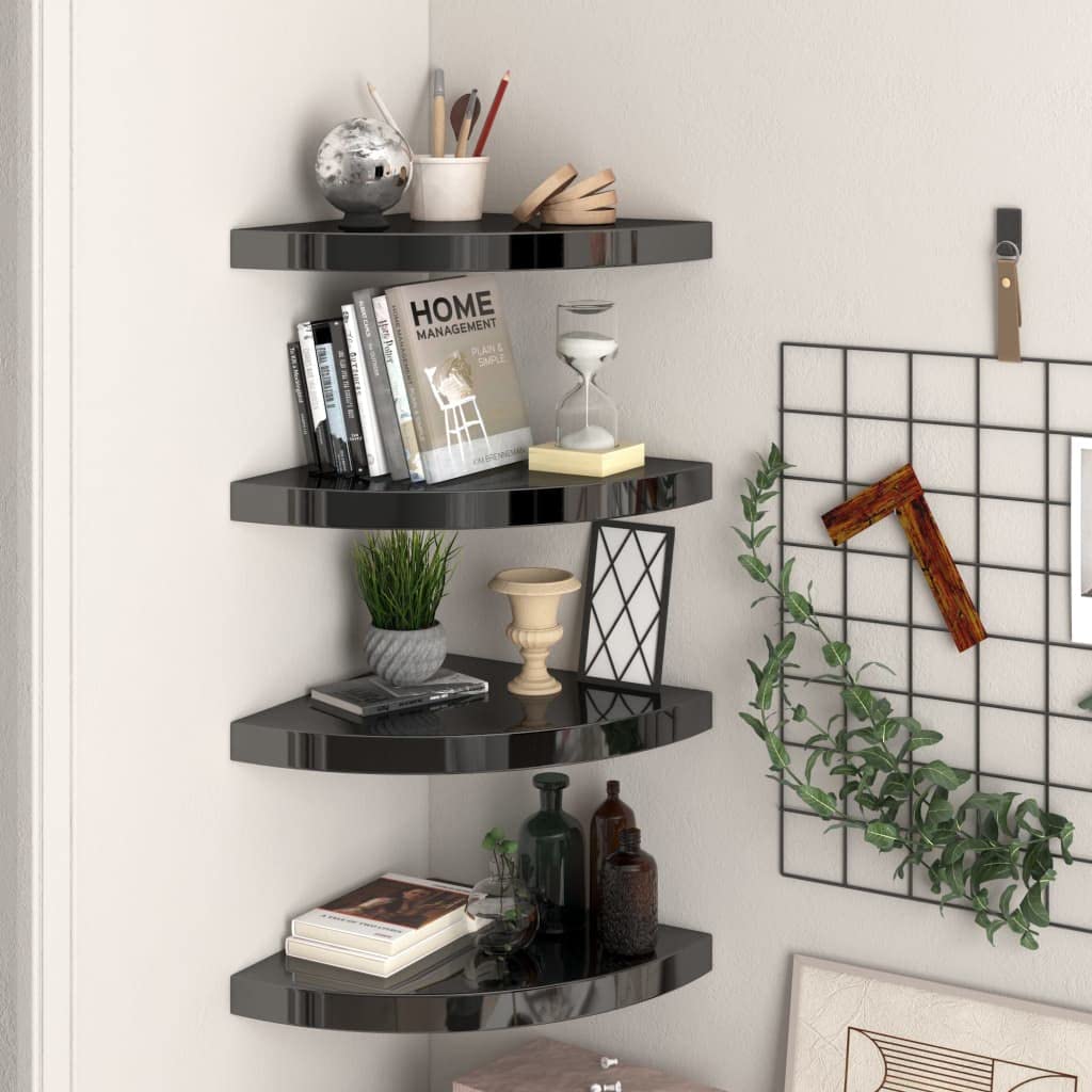 vidaXL Set of 4 Floating Corner Shelves in High Gloss Black, Honeycomb MDF and Metal Construction, Invisible Mounting System, Ideal for Home Decor Display