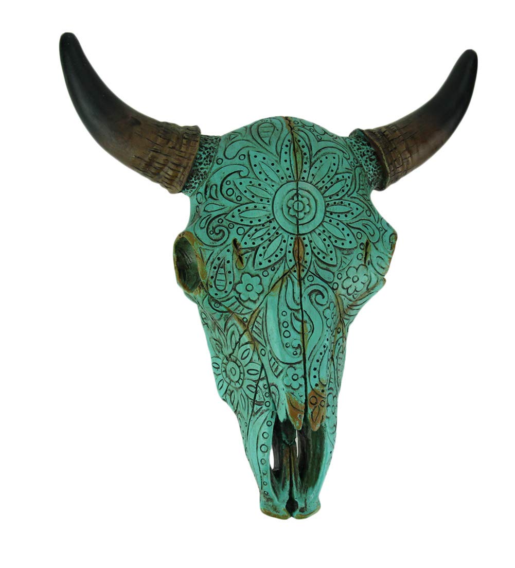 DE LEON,Resin Turquoise Floral Tribal Carved Bull Skull Hanging Statue