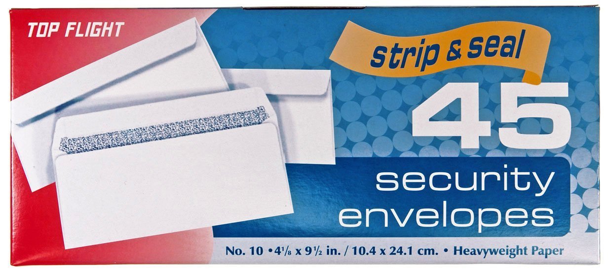 Top Flight Number 10 Boxed Security Envelopes, Strip And Seal Closure, 4 1/8 X 9 1/2 Inches, White, 45 Envelopes Per Box (690012