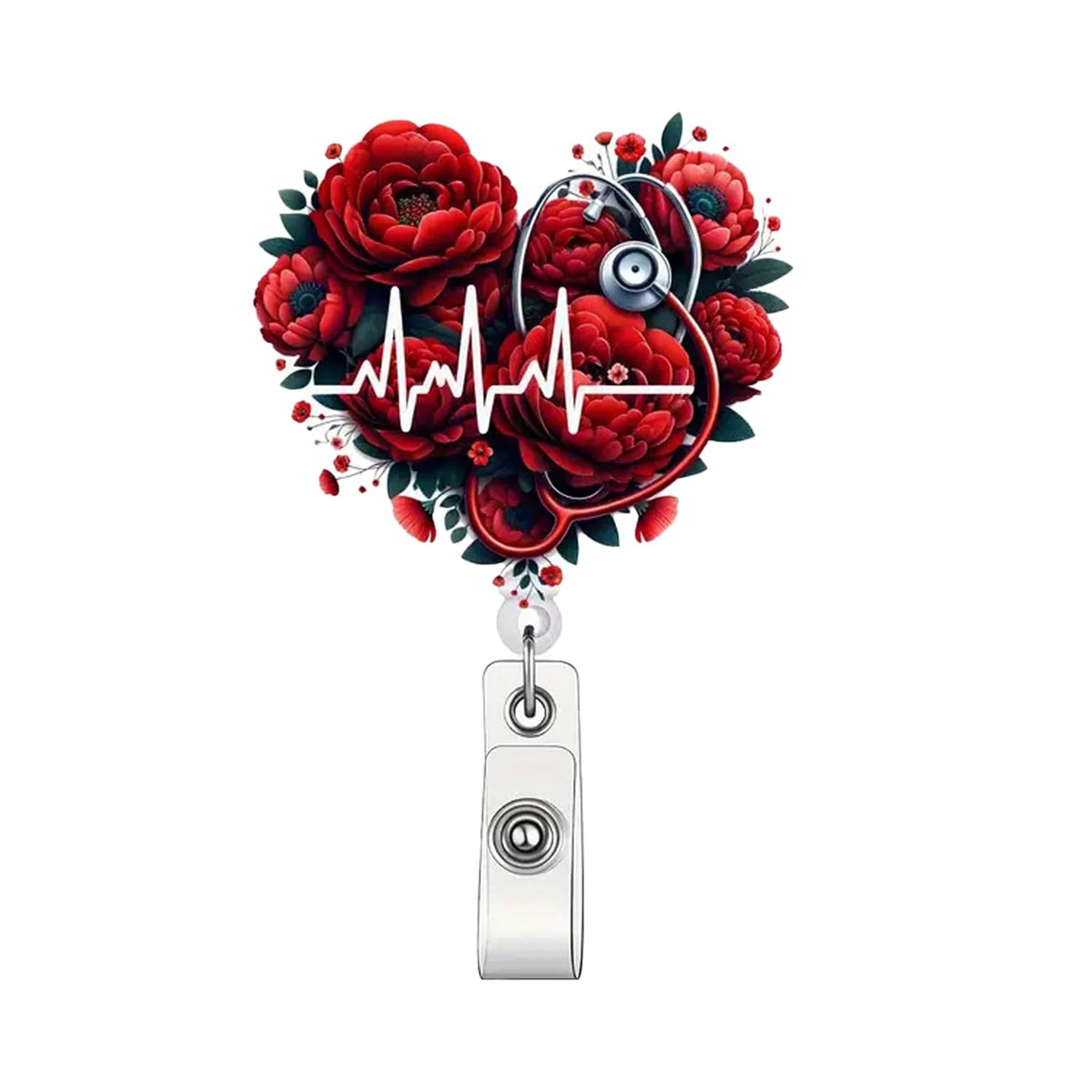 Valentine Rose Auscultation Badge Holder Retractable Nurse Doctor Nursing & Medical Workers, Valentine Red Rose Badge Reel Retra