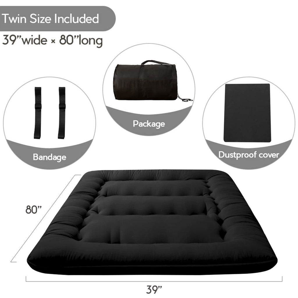 Maxyoyo Japanese Floor Mattress Futon Mattress, 4' Thicken Tatami Mat Sleeping Pad Foldable Roll Up Mattress Boys Girls Dormitory Mattress Pad Kids Floor Lounger Pillow Bed, Black, Twin Size