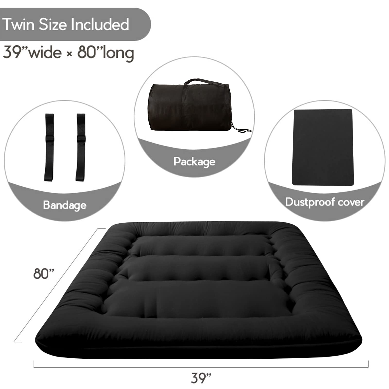 Maxyoyo Japanese Floor Mattress Futon Mattress, 4' Thicken Tatami Mat Sleeping Pad Foldable Roll Up Mattress Boys Girls Dormitory Mattress Pad Kids Floor Lounger Pillow Bed, Black, Twin Size