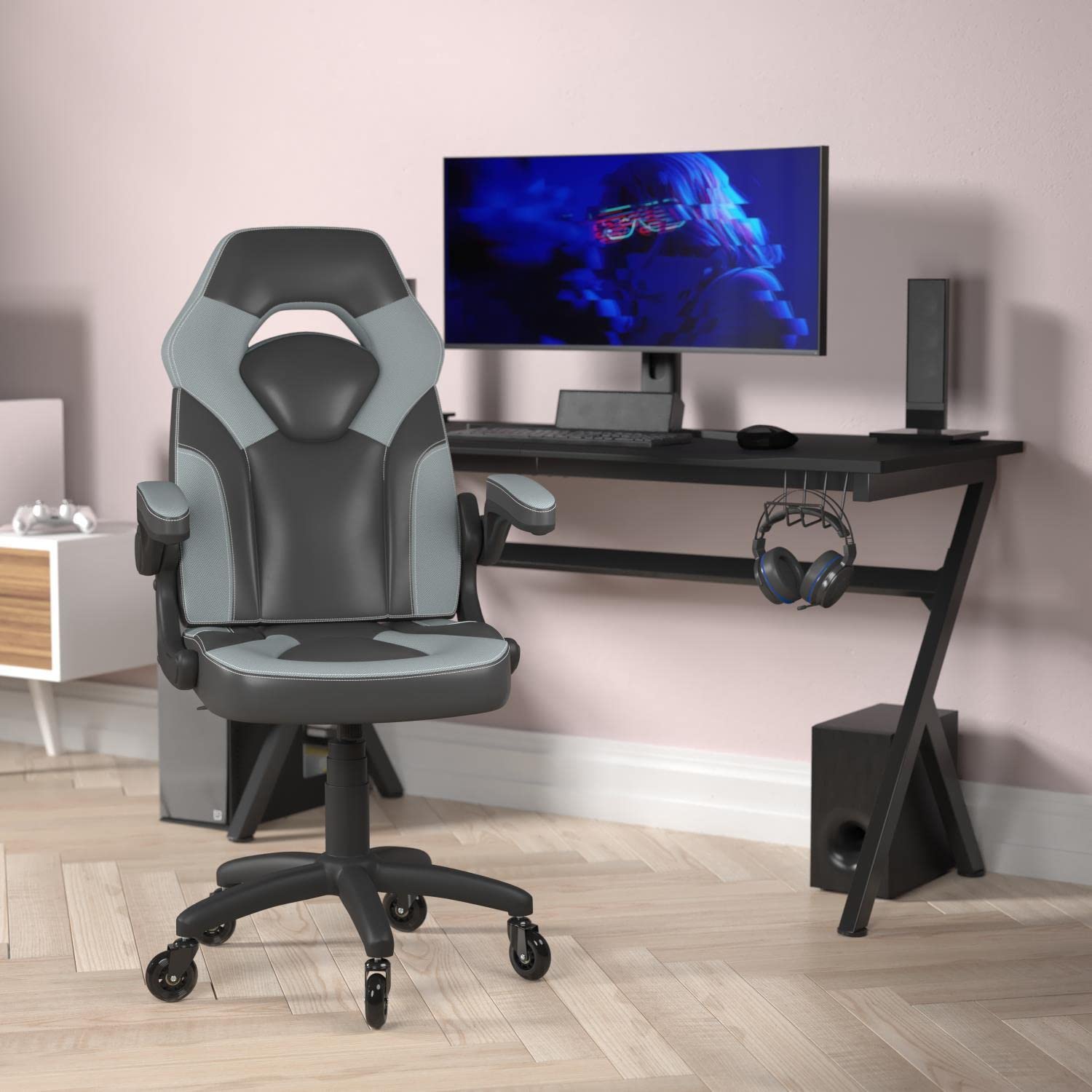 Flash Furniture X10 Gaming Chair Racing Office Computer Pc Adjustable Chair With Flip-Up Arms And Transparent Roller Wheels, Gray/Black Leathersoft