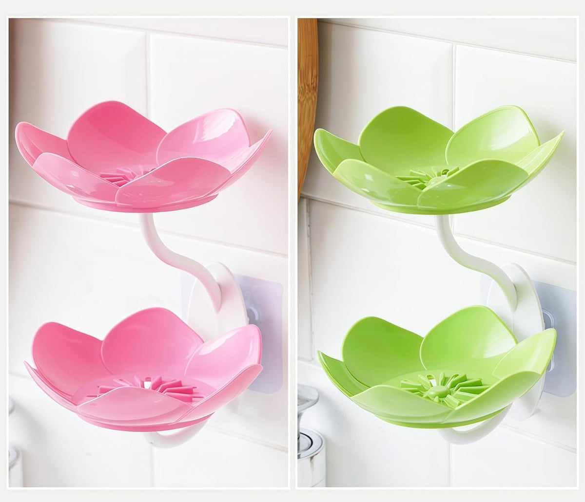 Padchaaya Wall Mounted Drain Soap Box Double Layer Lotus Flower Shaped Soap Tray Removable Soap Dish Non Slip Storage Self Ad