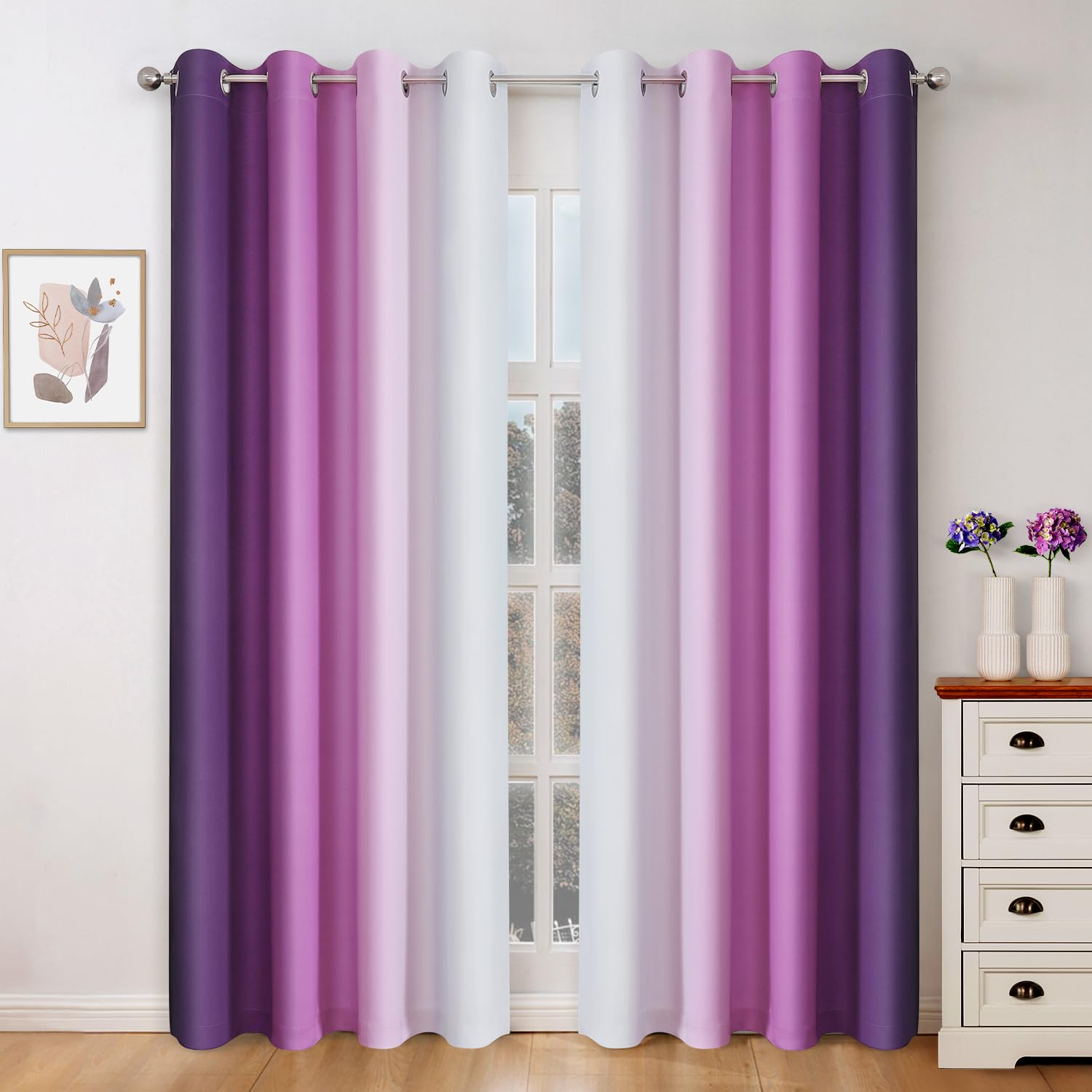 Homeideas Purple Ombre Blackout Curtains, 52 X 84 Inch Length Gradient Color Room Darkening Curtains With Grommet Thermal Insulated Window Curtains & Drapes For Living Room, Bedroom, 2 Panels