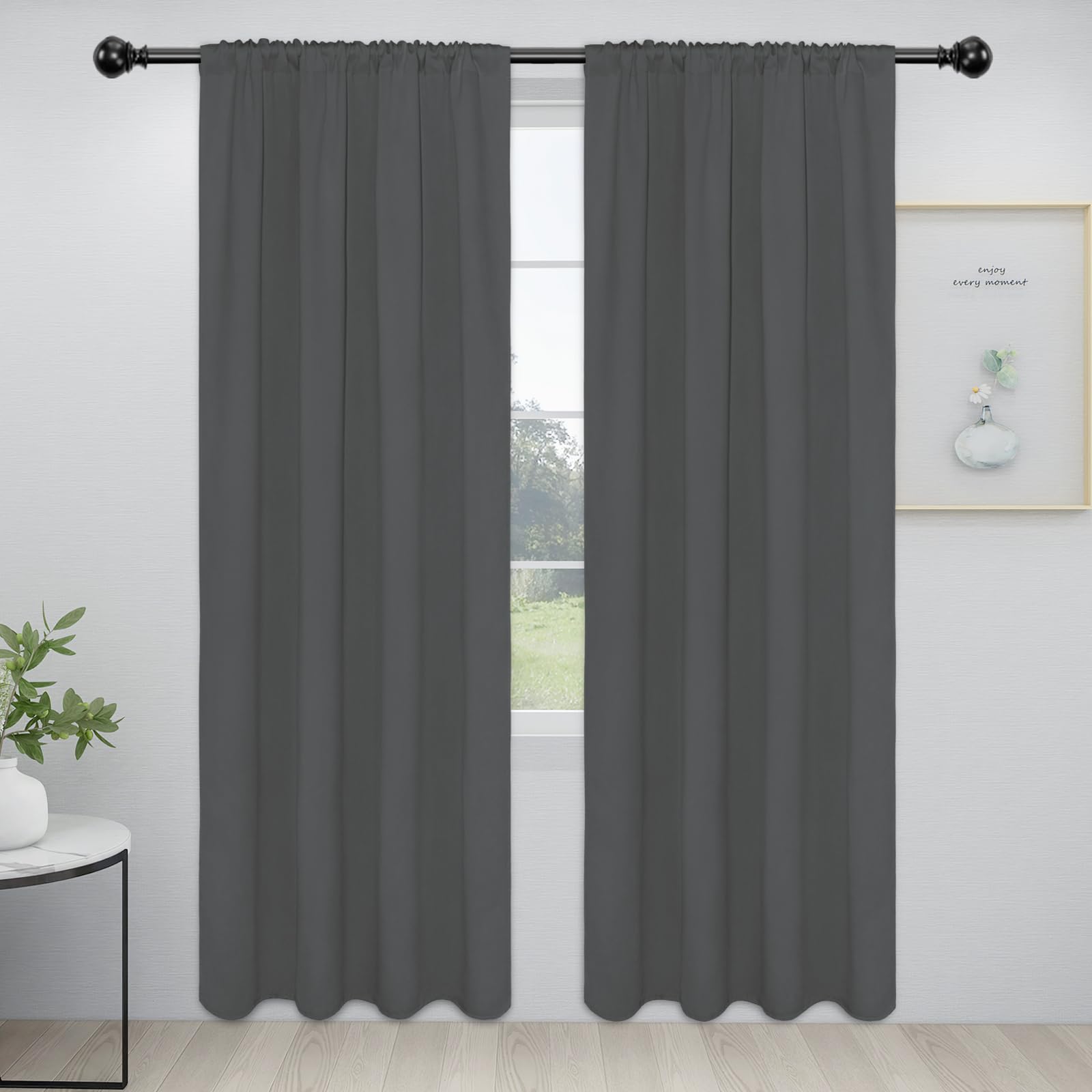 Easy-Going Rod Pocket Blackout Curtains For Bedroom, Room Darkening Window Curtains For Living Room, Thermal Insulated Noise Reduction Solid Window Drapes, 2 Panels(34X84 In, Grey)