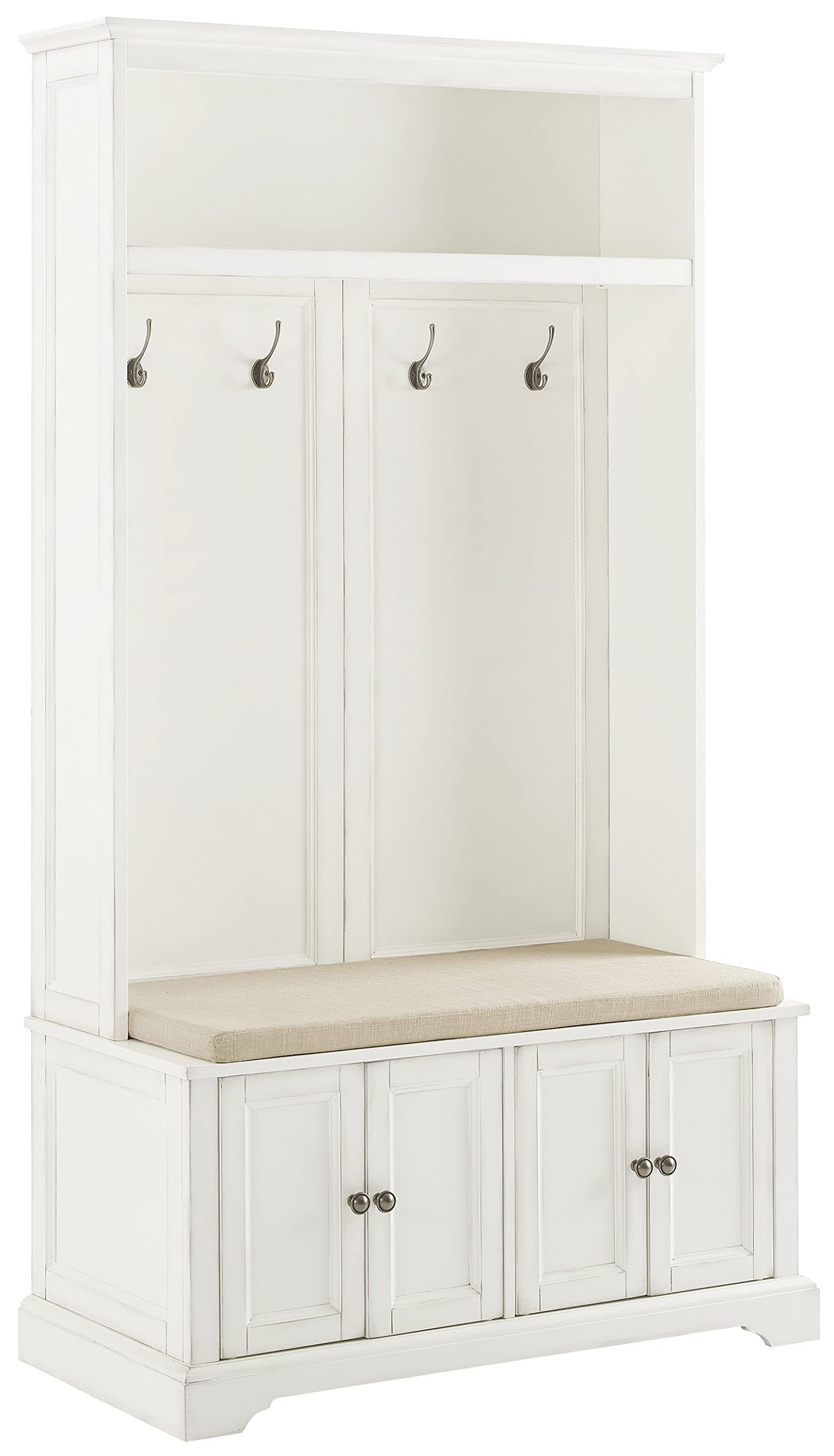 Crosley Furniture Holbrook Hall Tree with Shoe Rack Bench and Coat Hooks for Hanging Storage, Distressed White