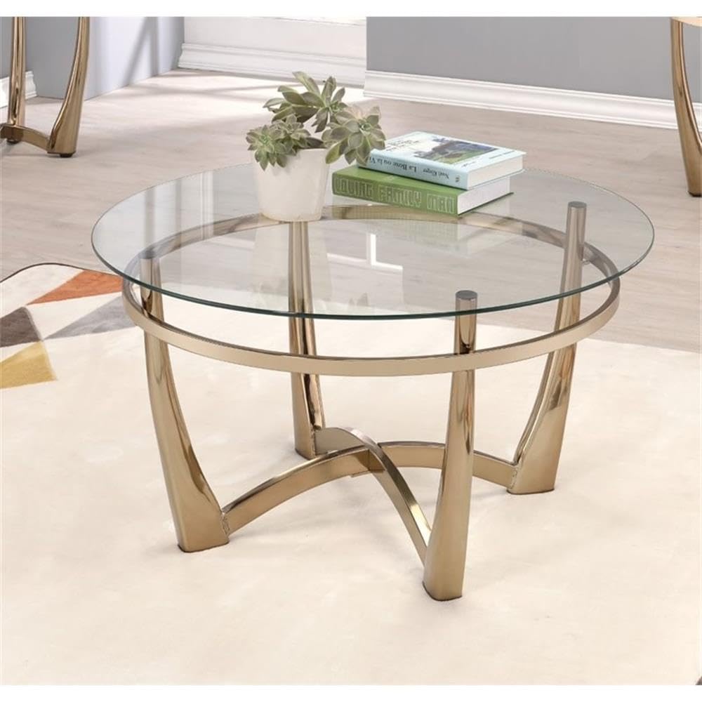 Acme Orlando Ii Round Glass Top Coffee Table In Champagne And Espresso