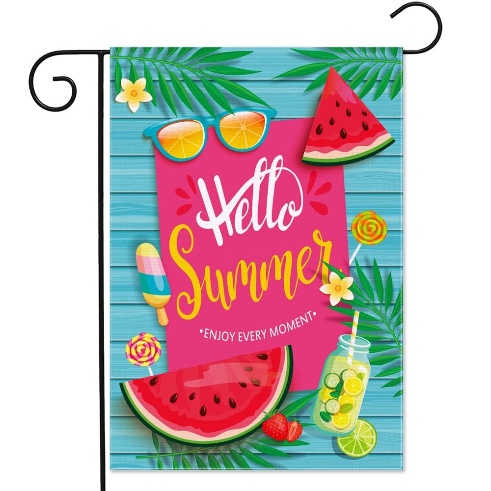 Ymyield Hello Summer Watermelon Garden Flag Burlap Vertical Double Sided Yard Flags Banner Outdoor Indoor Lawn Home Decor Sweet