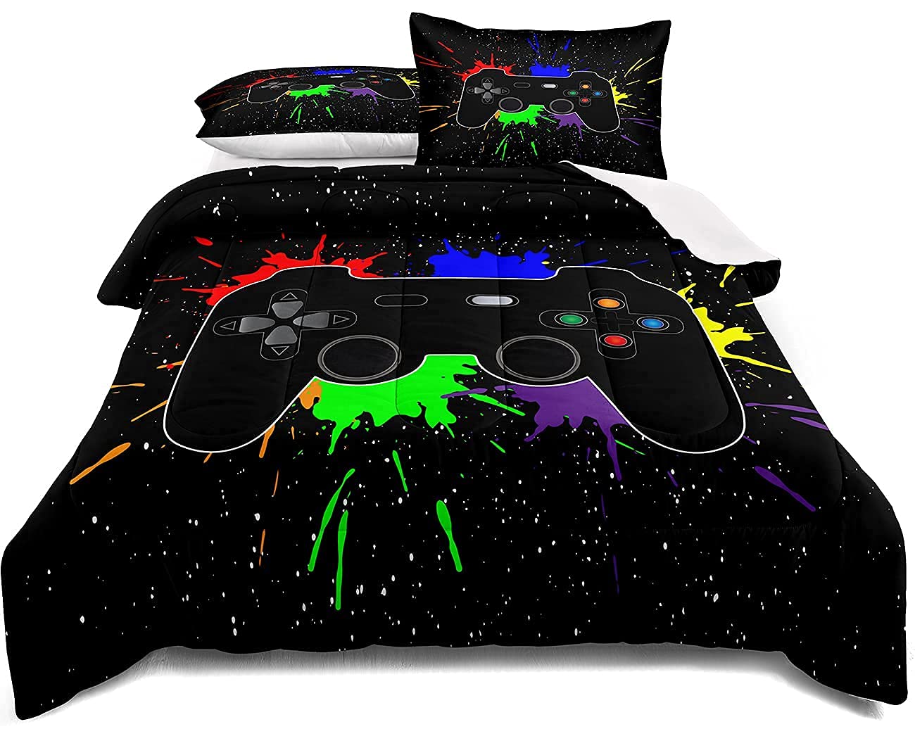 Gaming Bedding Set Twin Size Gamer Comforter Set For Boys Girls Kids Teens Soft Microfiber Colorful Modern Buttons Video Game Be