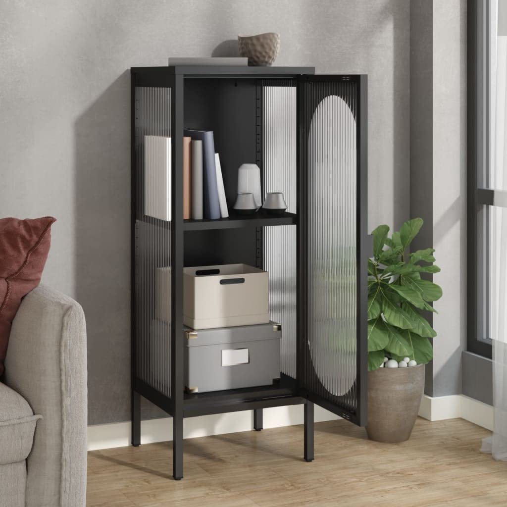 vidaXL Modern Sideboard in Sleek Black - 15.7"x13.8"x41.3" with Adjustable Shelf, Made from Fluted Glass and Powder-Coated Steel, Perfect for Home Decor and Storage