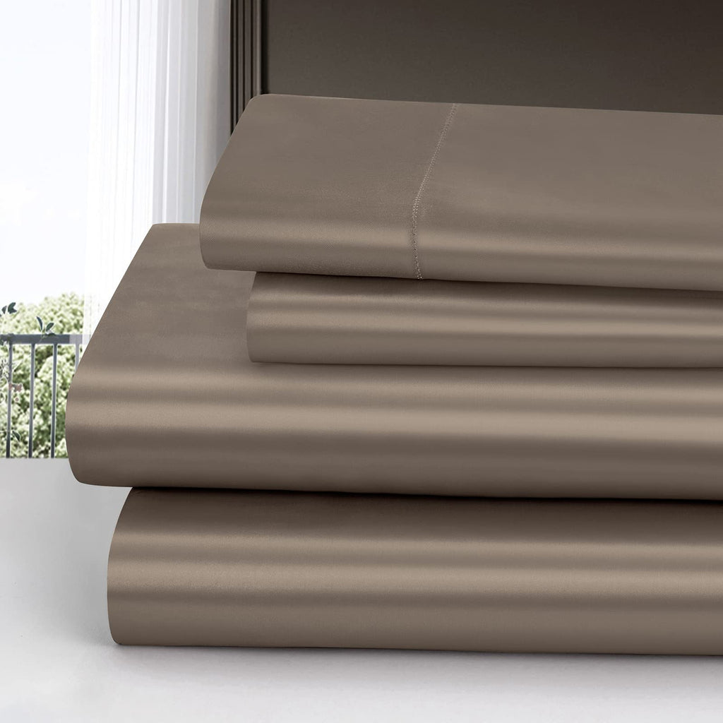 Homiest 4Pcs Satin Sheets Set Luxury Silky Satin Bedding Set With Deep Pocket, 1 Fitted Sheet + 1 Flat Sheet + 2 Pillowcases (Queen Size, Tinfoil Brown)