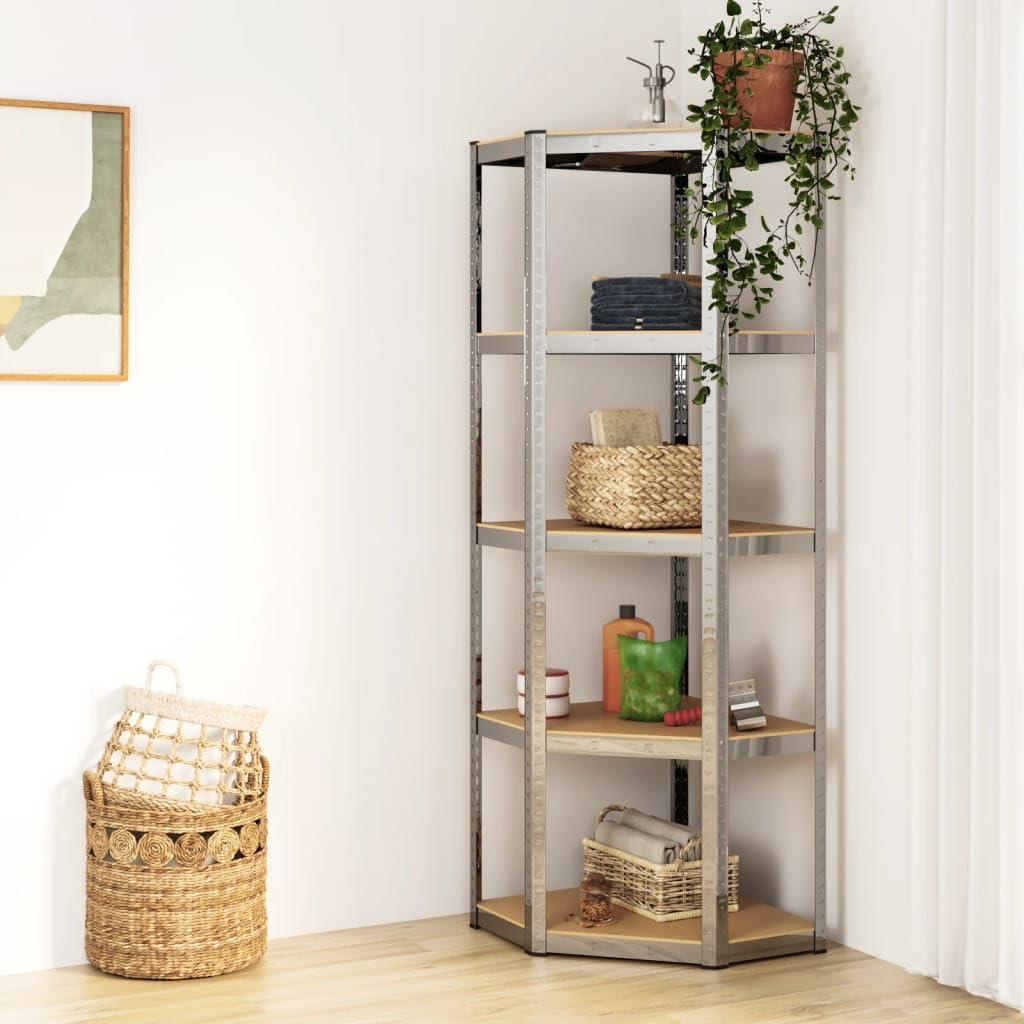 Vidaxl Corner Shelf Unit, 5-Layer Storage Solution, Durable Silver Galvanized Steel And Engineered Wood, Versatile Industrial Style, For Home Or Office