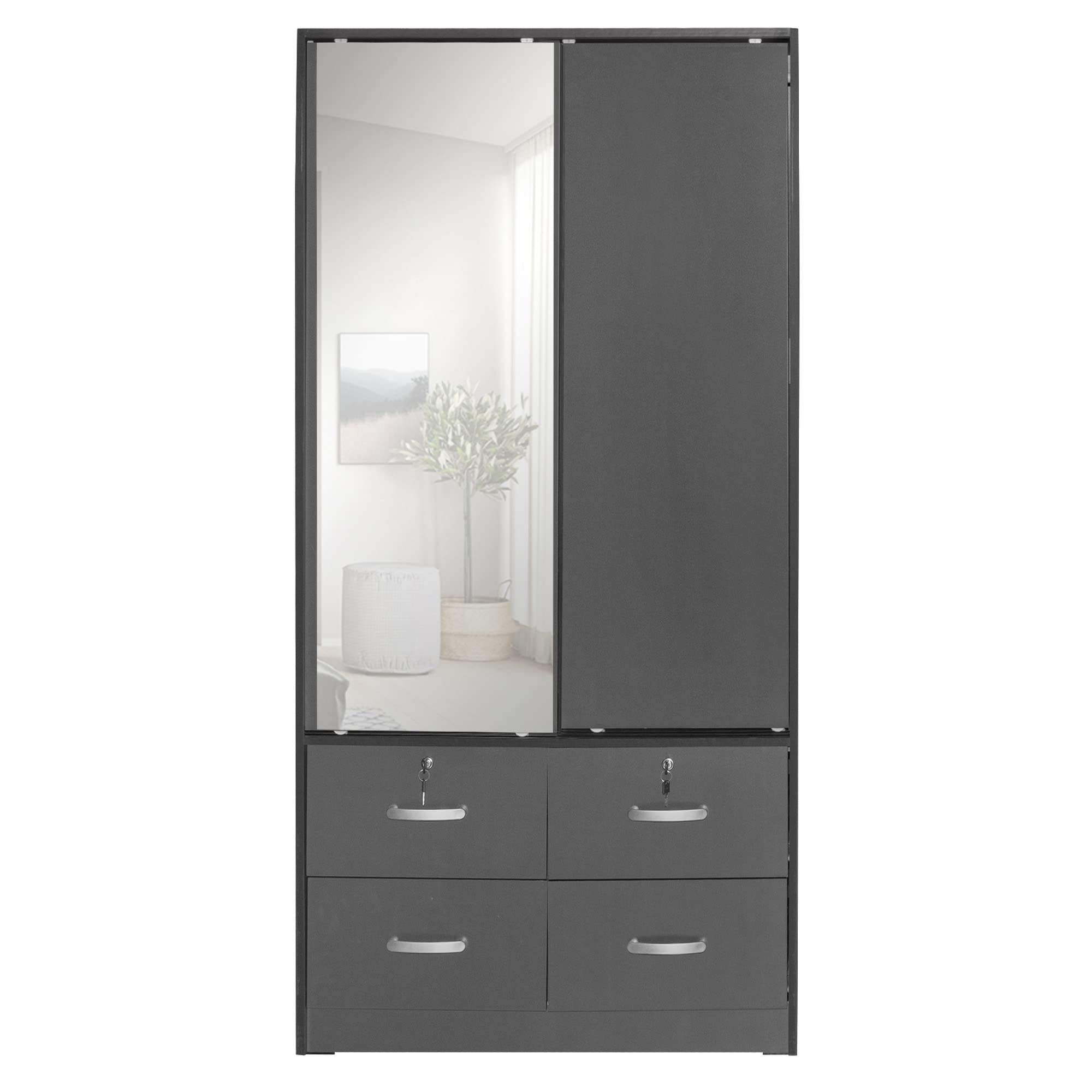 Better Home Products Sarah Double Sliding Door Armoire with Mirror in Gray