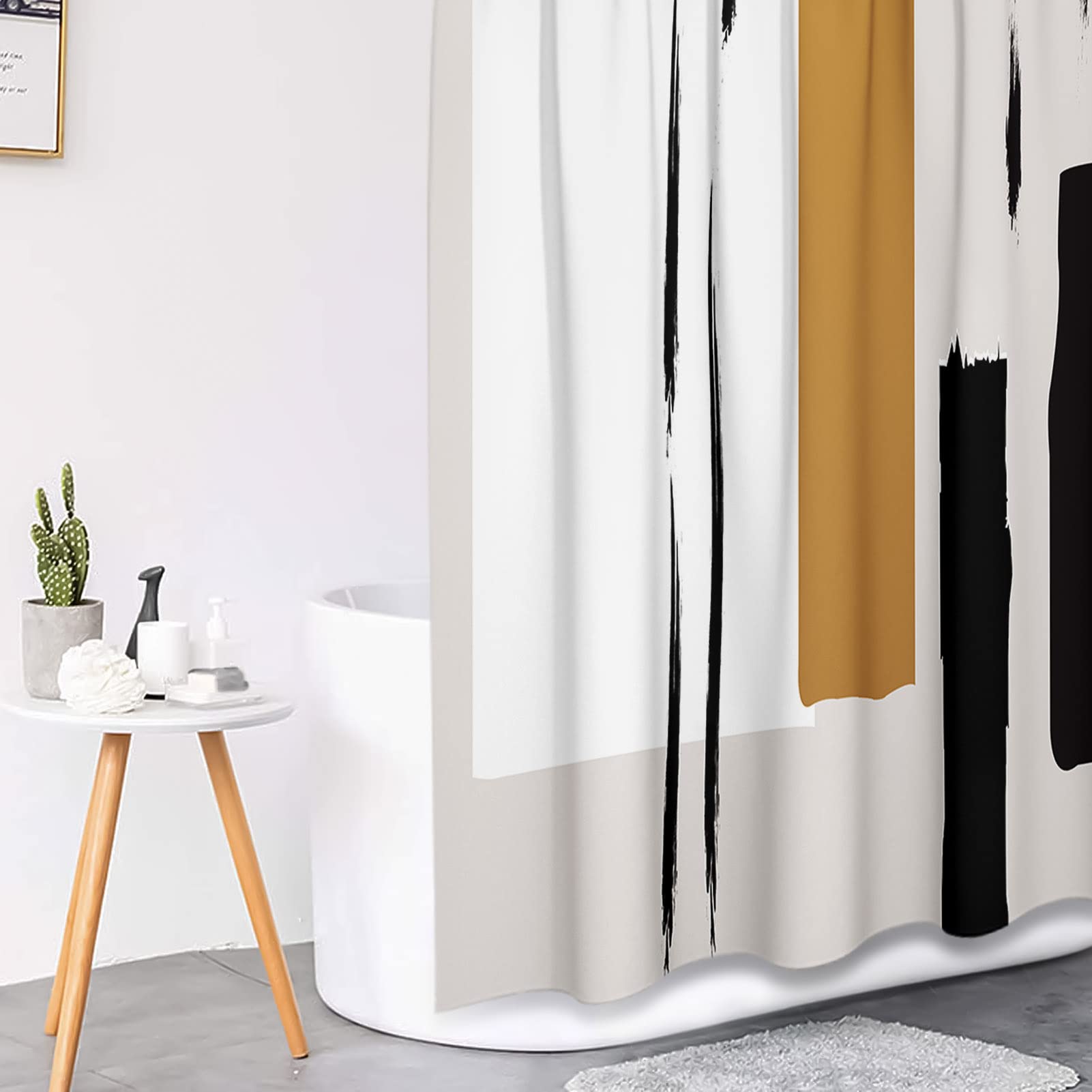 Tayney Boho Mid Century Shower Curtain Set With Toilet Lid Cover And Non-Slip Rugs, Abstract Line Art 4 Pcs Shower Curtain Set,