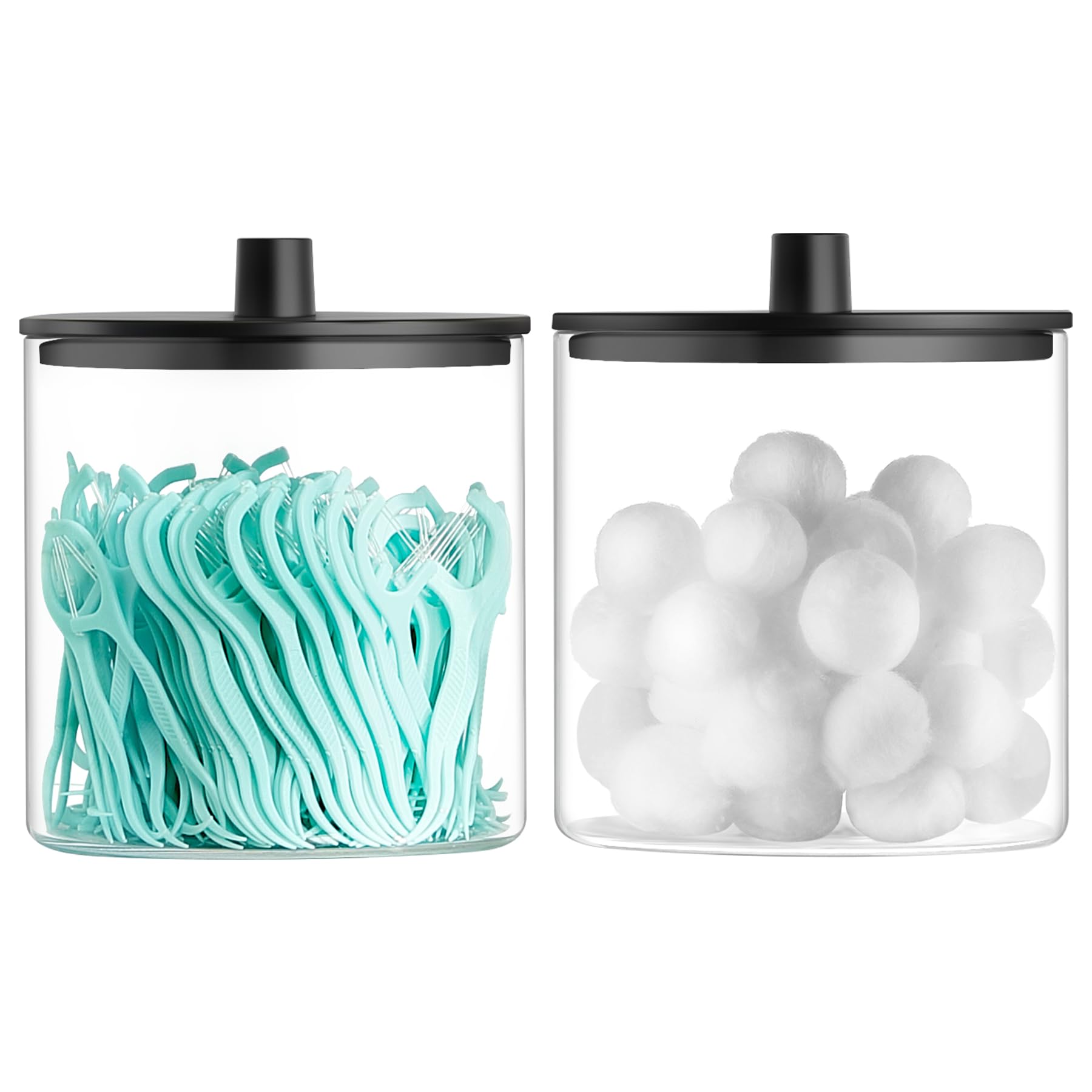 TIPGO Glass Qtip Holder Dispenser - 24 oz Clear Canister Jar, Bathroom Vanity Storage Organizer for Cotton Swabs, Pads, Floss Pi