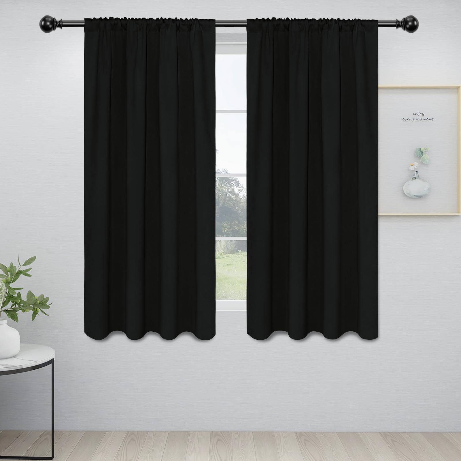 Easy-Going Rod Pocket Blackout Curtains For Bedroom, Room Darkening Window Curtains For Living Room, Thermal Insulated Noise Reduction Solid Window Drapes, 2 Panels(34X63 In, Black)
