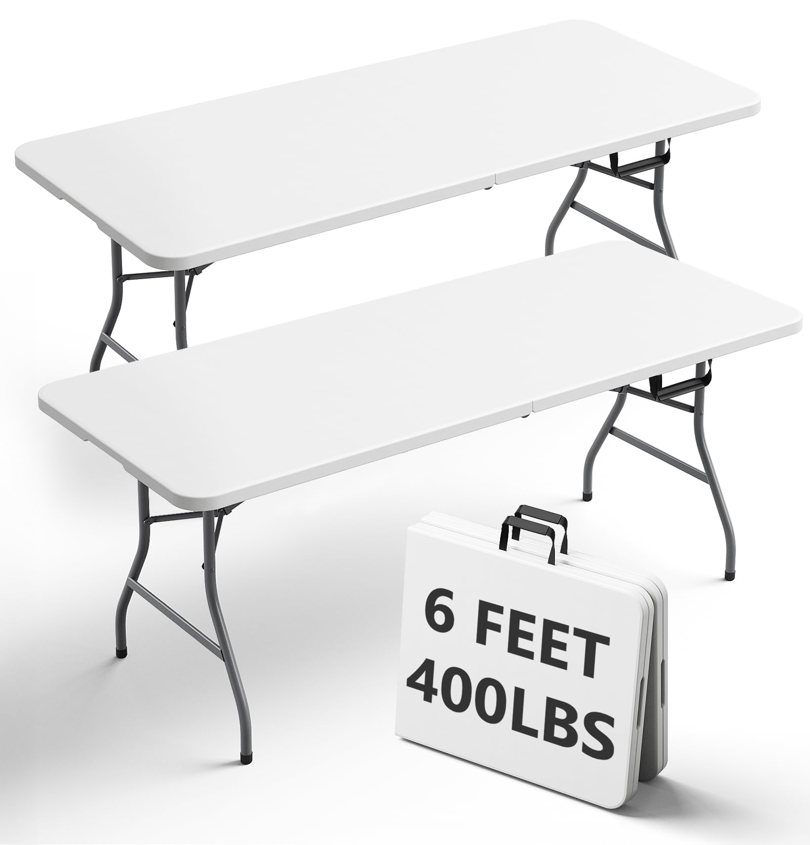 FurniEdge 6FT Folding Table 2 Pack, Heavy Duty Plastic Table with Handel, 400 lbs Portable Table, Reinforced Steel Legs, Fold-in
