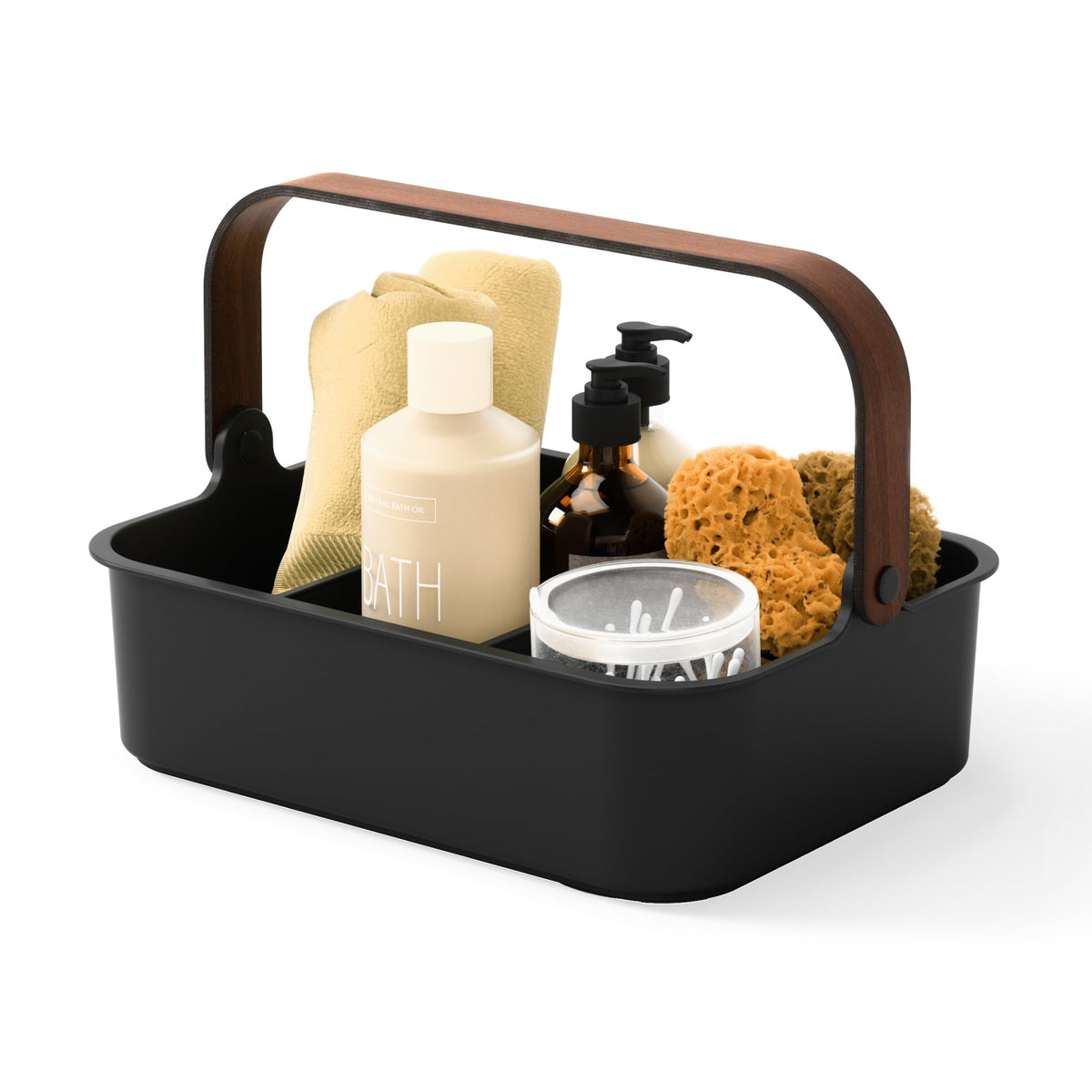 Umbra Bellwood Stackable Bin, 14 x 10 Durable Lightweight Container with Wooden Handle and Removable Dividers, Black/Walnut