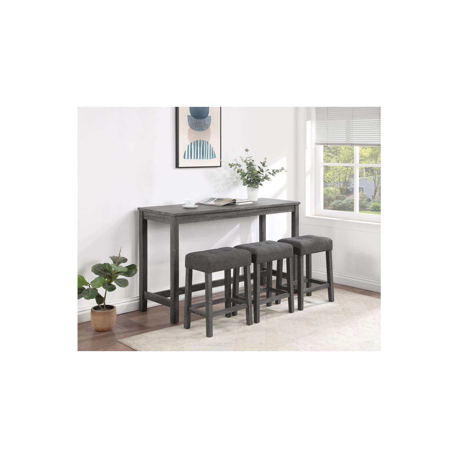 Lilola Home Oriana Gray 4 Piece Counter Height 36&quot; Pub Table Set with Tufted Gray Linen Stools