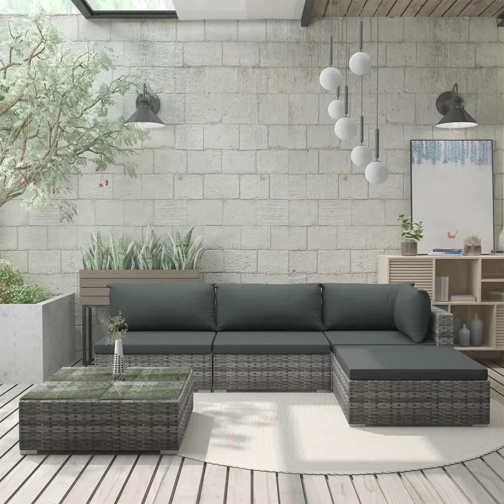 vidaXL 5 Piece Garden Lounge Set with Cushions Poly Rattan Gray