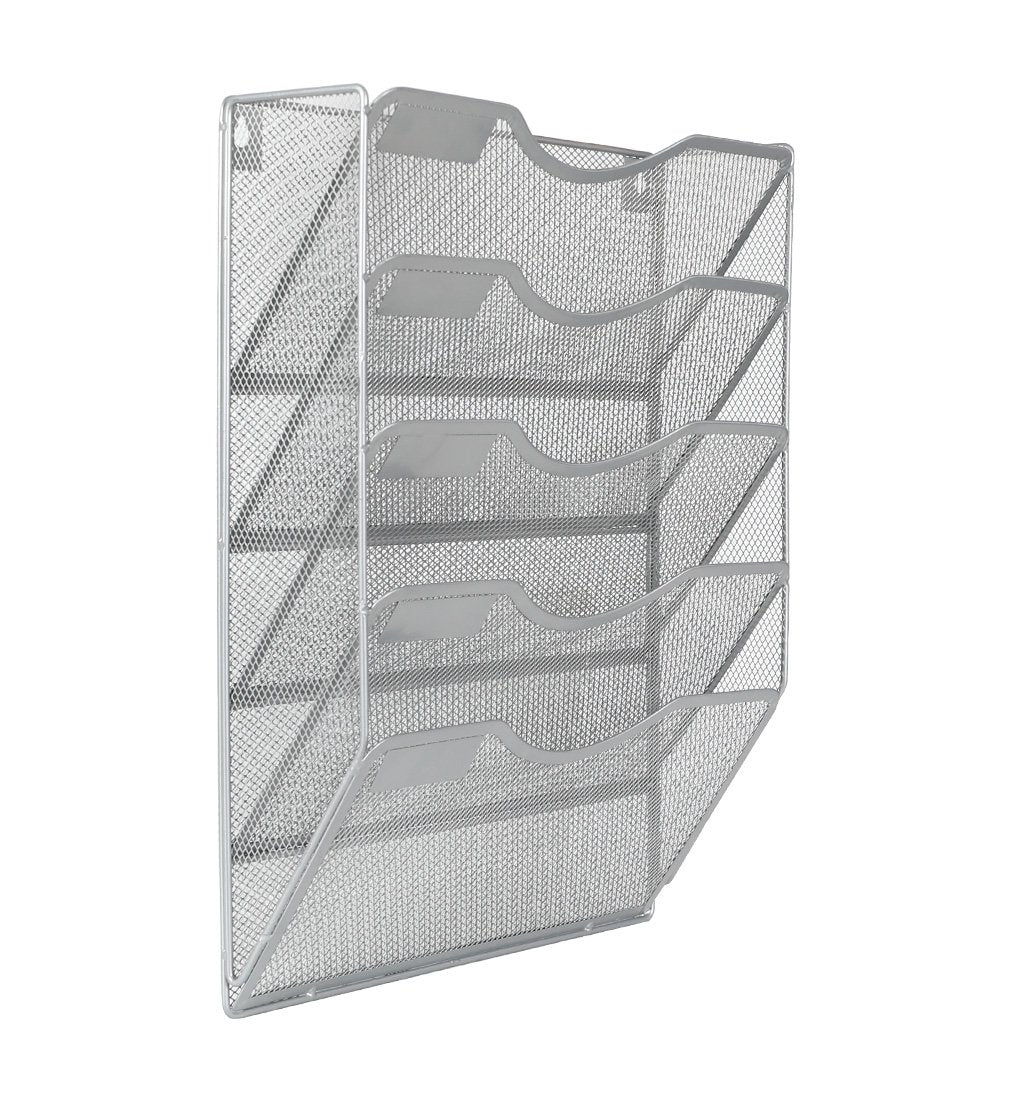 Easypag 5 Pockets Mesh Wall File Holder Organizer Office Hanging Mail Holder Organizer Magazine Rack,Silver