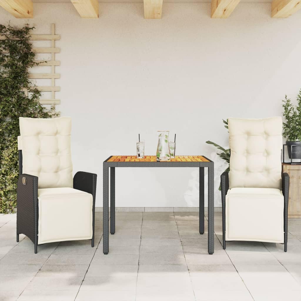 vidaXL 3 Piece Patio Dining Set - Black PE Rattan, Adjustable Reclining Chairs, Cushioned Seats & Acacia Wood Table for Garden/Backyard/Patio