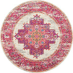 HomeRoots Ivory/Fuchsia 100% Polypropylene 5’ Round Ivory and Fuchsia Distressed Area Rug
