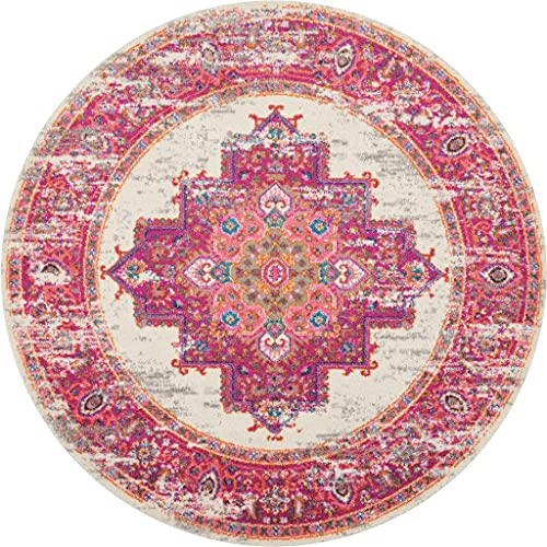 HomeRoots Ivory/Fuchsia 100% Polypropylene 5’ Round Ivory and Fuchsia Distressed Area Rug