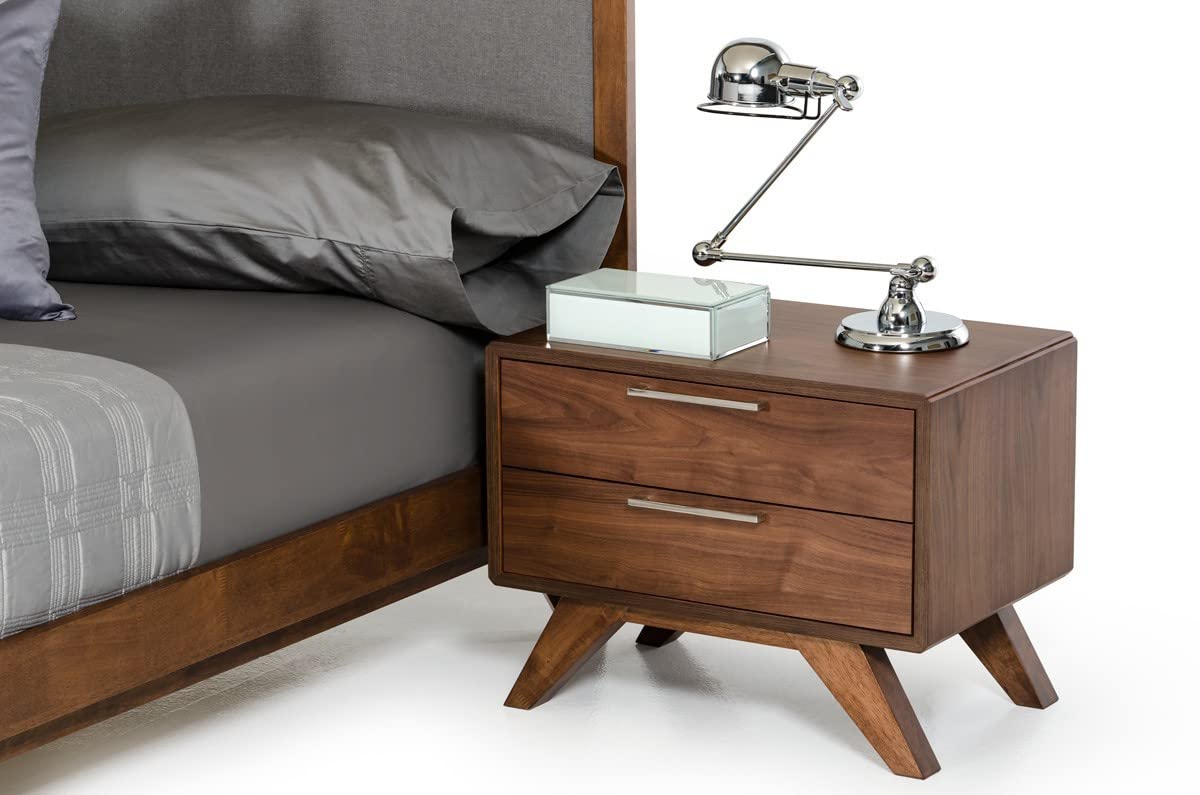 HomeRoots Veneer, Stainless Steel, Solid Wood Modern Walnut Brown Nightstand with Two Drawers