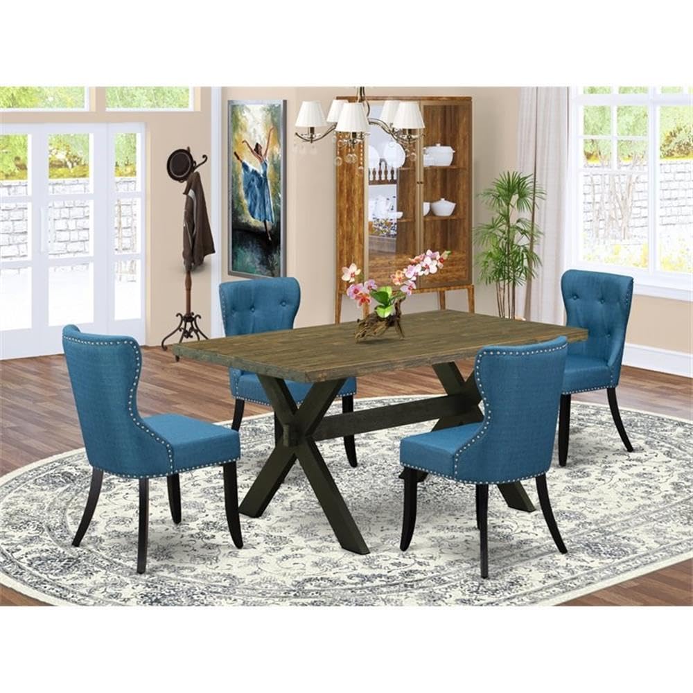 East West Furniture X676Si121-5 5 Piece Dining Room Furniture Set Includes A Rectangle Dining Table With X-Legs And 4 Blue Linen Fabric Upholstered Chairs, 36X60 Inch, Multi-Color